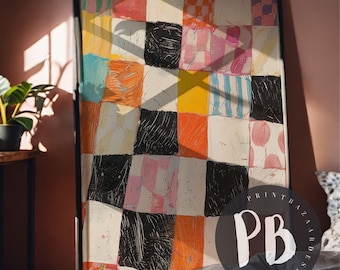 Impression d'art abstrait en damier : bloc de couleur rose orange noir (téléchargement numérique)