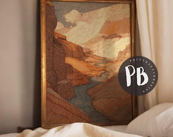 Impression d'art paysage canyon : dessin au trait désert ocre (téléchargement numérique)