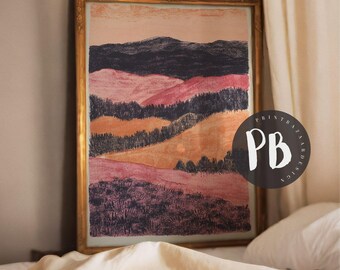 Art imprimable paysage d'automne : Kakis Berry Hills, abstrait moderne (téléchargement numérique)