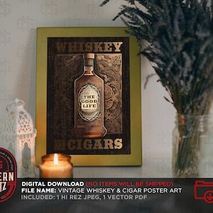 Vintage Whiskey and Cigars Poster Art, Man Cave Art, Whiskey Lovers Poster