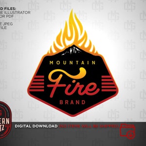 May include: A black and red logo with the text "MOUNTAIN FIRE BRAND" in a retro style. The logo features a stylized mountain with flames behind it.