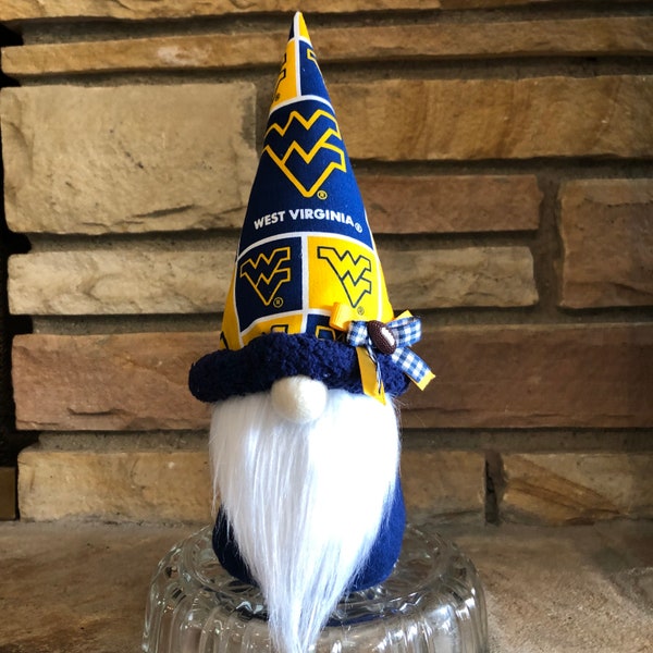 WVU Gnome, West Virginia University gnome, WVU Mountaineers gnome, college team gnome, college football gnome, West Virginia, gnomes