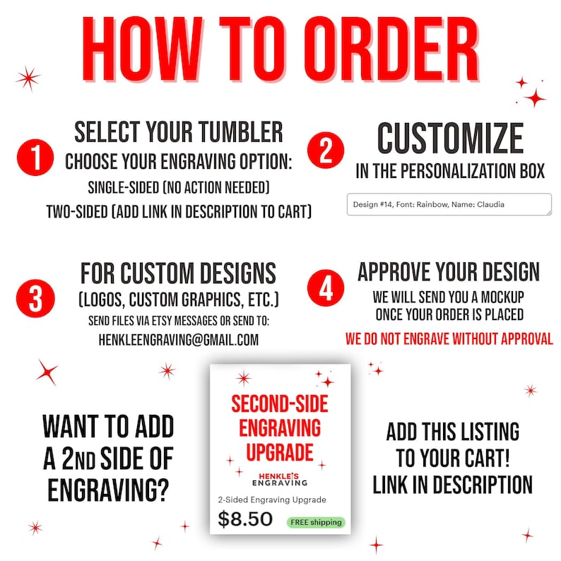 May include: An instructional graphic titled HOW TO ORDER with four numbered steps in red circles. It explains selecting tumbler engraving options, using the personalization box, submitting custom designs via email, and approving mockups.