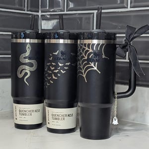 Halloween Black Stanley & Owala Freesip Engraved Tumblers | Spider Web, Bats, Skeletons, and More!