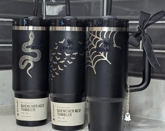 Halloween 30oz Black Stanley Quencher Engraved Tumblers | Spider Web, Bats, & Snake Design