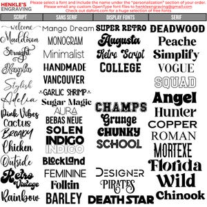 May include: A black and white font selection chart titled HENKLE'S ENGRAVING, organized into four columns: Script, Sans Serif, Display Fonts, and Serif. Each column lists various font names in their respective styles, providing a visual reference.