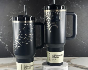 Custom 40oz Halloween Black Stanley Engraved Tumblers | Spider Web, Bats, Snakes, and More!