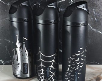 Halloween Black 24oz Owala Freesip Engraved Bottles | Spider Web, Bats, Skeletons, and More!