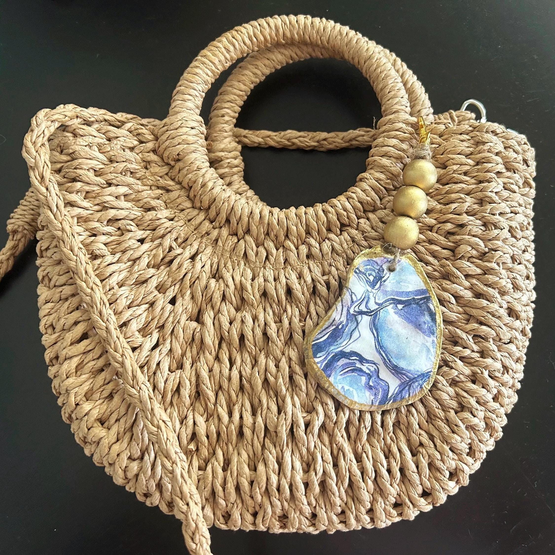 Oyster Bag Charm-keychain-decoupaged-blue & White-purse Charm 