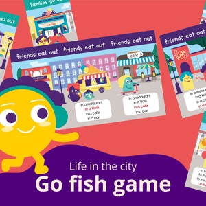 La vida en la ciudad, juego Go Fish, lugares, personas y acciones, actividades interactivas, educativas, imprimibles, para niños, recursos para la educación en el hogar, juego de inglés como segunda lengua (EFL) y español como segundo idioma (ESL)