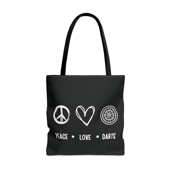 Darts Players Tote Bag - Gift for Her Darts Supplies - Dart Player Carryall Grocery Bag - Black Totebag - Peace Love Darts in 3 Sizes