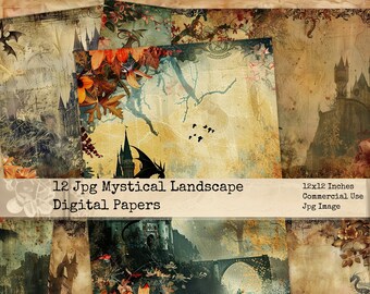 Vintage Mystical Landscape Castles, Digital background Papers, Dragon Papers, Vintage Ephemera, Grunge Digital Papers, Commercial Use,