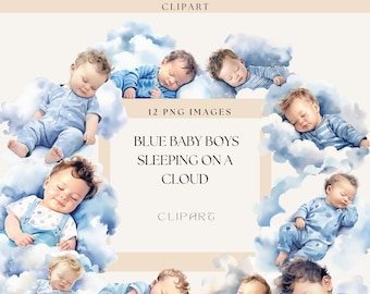 Watercolor Cute Baby Blue Boys Sleeping on Clouds Clipart, Baby Shower Clipart, Newborn Babies, Card Making, Commercial Use, Scrapbooking