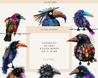 Quirky Raven Birds Clipart, Ravens on A Wire, Funny Birds, Pets Clipart, Whimsical Clipart, Scrapbook Images, Commercial use, Digital Crafts