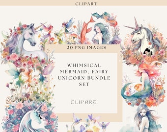 Unicorn Clipart, Whimsical Mermaid Clipart, Fairies Clipart Bundle, 300 DPI, Transparent Background, Watercolor Clipart, Commercial Use