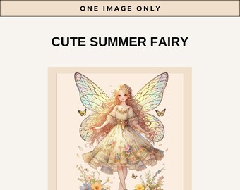 Puede incluir: Ilustración digital de un hada de verano linda con cabello rubio largo, alas iridiscentes y un vestido floral. La imagen incluye el texto "CUTE SUMMER FAIRY" y "ONE IMAGE ONLY". También hay mariposas y flores.
