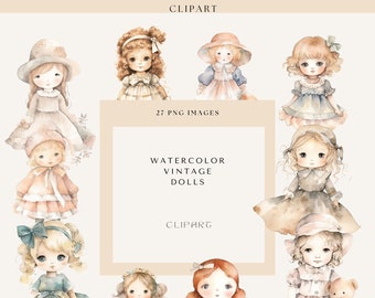 Vintage Dolls Clipart, Antique Watercolor Illustrations, Victorian Children's Toys, Scrapbook, Junk Journal, Ephemera, Commercial Use