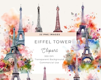 Eiffelturm Clipart-Pack, Paris Blumen Aquarell, Illustration für kommerzielle Nutzung, transparente PNGs, Reise Clipart Frankreich Clipart, Digital