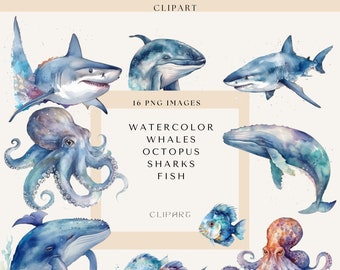 Underwater Clipart, Watercolor Shark, Whale, Fish, Octopus Clipart, Cute Nautical Ocean Animals, Digital Crafts, Commercial Use, Card Making