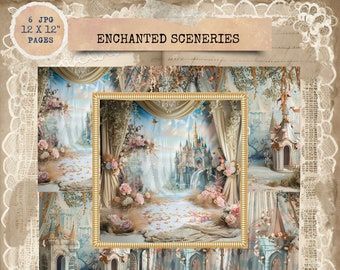 Cenários encantados, cenários de princesas, fundos de castelos, papéis de fundo digitais mágicos, uso comercial, artesanato digital, criação de cartões