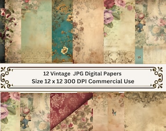 Vintage Floral Patterned Background Papers, Digital Scrapbook Papers, Junk Journal, Scrapbook, Commercial Use, Card Making, Instant Download