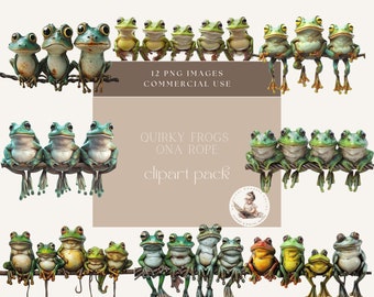 Whimsical Frog Clipart, Quirky Frogs, Frogs on A Rope Clip Art, Frog Illustrations, Commercial Use, Funny Frogs, Digital Crafts, Green Frogs