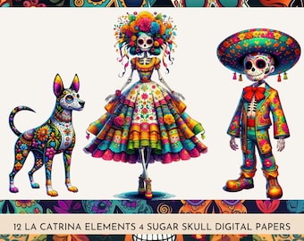 Day of the Dead Clipart, La Catrina Girl, Mexican Clipart, Sugar Skull PNG, Digital Papers, Digital Backgrounds, Card Making, Commercial Use