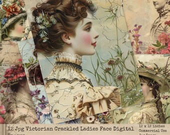 Printable Papers, Journal Victorian Digital Crackle Papers, Victorian Ladies Junk Journal, Paper Crafts, Ladies Face Backgrounds
