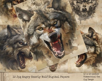 Angry Wolf Digital Papers, Wolf Background Papers, Snarly Wolf Junk Journal Papers, Digital Crafts, Commercial Use, Card Making, Digi Papers