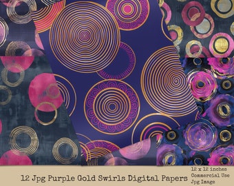 Purple Gold Swirls Digital Papers, Swirl Background Papers, Digital Papers, Paper Crafts, Commercial Use, Scrapbooking Printable Papers