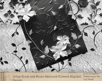 Black and White Embossed Floral Digital Paper, Digital Texture Backgrounds, Wedding Junk Journal, Elegant Floral Backgrounds, Commercial Use