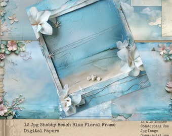 Papeles digitales con textura imprimible Shabby Chic, papel con textura azul, papel azul para álbumes de recortes, papel digital oceánico, fondos con marcos de playa