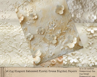 Beige Embossed Floral Digital Flower Papers, Digital Texture Backgrounds, Wedding Junk Journal, Elegant Floral Backgrounds, Commercial Use