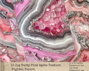 Könnte beinhalten: Digitale Papiere mit einer staubrosa Achatstruktur. Die Papiere zeigen wirbelnde Muster in Rosa, Grau und Weiß. Das Bild enthält den Text "12 Jpg Dusty Pink Agate Texture Digital Papers" und "12 x 12 Zoll", was etwa 30 x 30 cm entspricht.