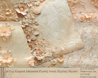 Papeles digitales florales con relieve color melocotón, fondos digitales para bodas, diarios de bodas, fondos florales elegantes, uso comercial