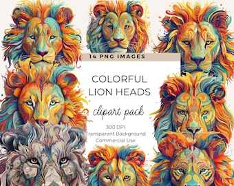 Colorful Lion Head Clipart, Lion Shirt Sublimation, Lion Portrait, Lion Png, lion print, Commercial Use, Watercolor Lion, Card Making