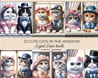 Cute Cat Digital Papers, Cute Cats Looking out of Window, Kitten Background, Printable Paper, Boy and Girl Cats, Commercial Use, Card Making
