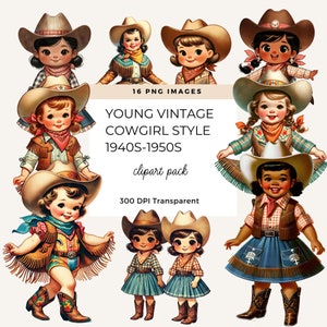 Clipart rétro des années 1950, petite cow-girl vintage, clipart cow-girl, petite cow-girl PNG, éphémères vintage, usage Commercial, fabrication de cartes,