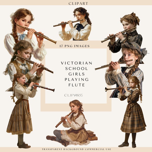 Victorian Clipart, Victorian School Girls Playing Flute, Music Clipart, Flute Clipart, Victorian Fashion, Commercial Clipart, Band Practice