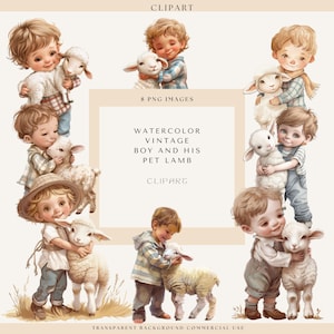 Vintage kleine jongen clipart, beste vriend clipart, huisdieren clipart, vintage kleine jongen en huisdier lam, baby lam clipart, lam babyshower,