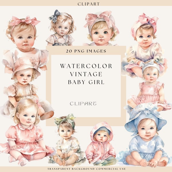 Vintage Baby Girl, Watercolor Clipart, Newborn Baby, Baby Shower, Gender Reveal, Nursery Clipart Bundle, Commercial Use, Baby Girl Vintage
