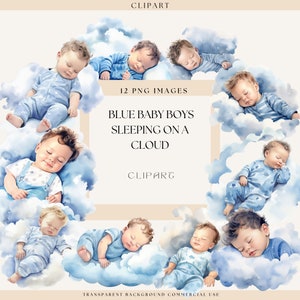 Aquarel schattige baby blauwe jongens slapen op wolken clipart, babyshower clipart, pasgeboren baby's, kaarten maken, commercieel gebruik, scrapbooking