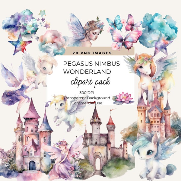 Pegasus Clipart, Fairy Clipart, Whimsical Clipart, Fantasy Clipart, Commercial Use, Pegasus Wonderland, Card Making, Princess Castle Clipart