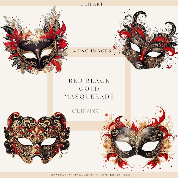 Masquerade Clipart, Party Mask, Anniversary Mask, Ball Mask, Masquerade Party, Commercial Use, His & Hers Masquerade Masks, Red, Black Gold