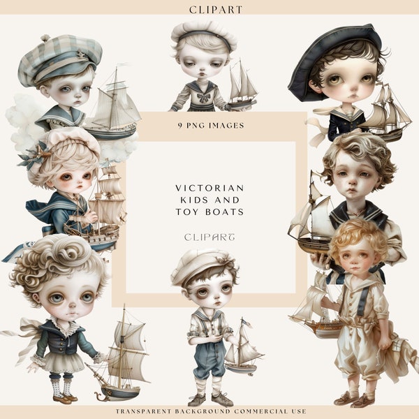 Victorian Clipart, Victorian Kids and Toy Boats, Fashion Clipart, Nautical Clipart, Children Clipart, Commercial Use, Digital Crafts