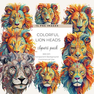 Clipart testa di leone colorato, sublimazione della camicia leone, ritratto del leone, leone Png, stampa leone, uso commerciale, leone acquerello, creazione di carte
