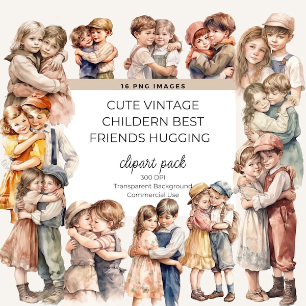 Best Friends Hugging Clipart, Victorian Vintage Children, Card Making Scrapbook, Junk Journal, Commercial Use, Brother Sister Clipart