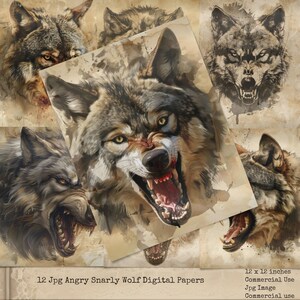 Angry Wolf Digital Papers, Wolf Background Papers, Snarly Wolf Junk Journal Papers, Digital Crafts, Commercial Use, Card Making, Digi Papers