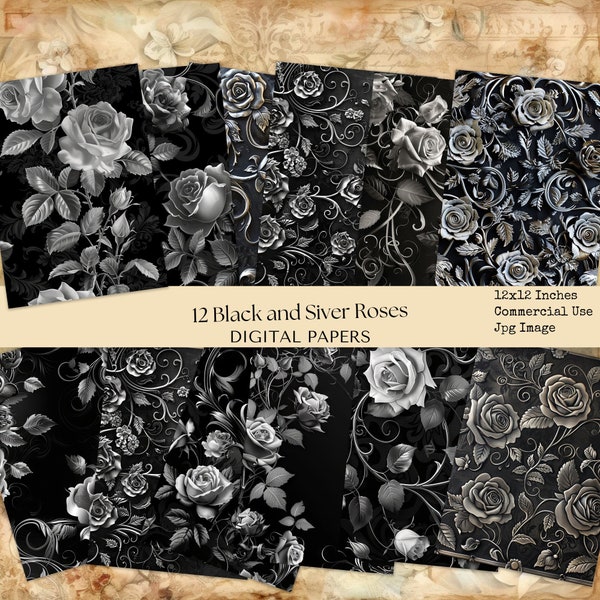 Black and Silver Roses Digital Papers, Roses Background Papers, Roses Junk Journal Papers, Digital Crafts, Commercial Use, Card Making