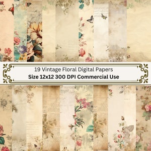 Papel digital floral vintage, papel de diario basura, fondo digital para scrapbooking, uso comercial, fabricación de tarjetas, manualidades digitales